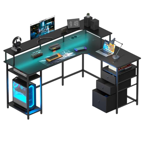 Msutree L-förmiger Gaming-Schreibtisch mit Regalen, USB und Stechdosen, 150cm, 55cm breiter Tischplatte, erhöhtem Monitoraufsatz, 3 Schubladen, RGB-Beleuchtung ideal für Büro & Home-Office