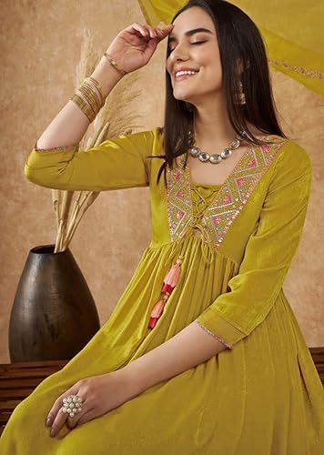 TRENDMALLS Women's Art Silk Embroidery Salwar Suit Set Kurta Pant with Dupatta (G268-Yellow-XL)