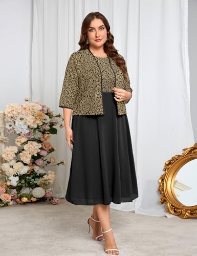 Image of ZOMVA Plus Size Sparkly Mother of The Bride Dresses with Jacket 2 Piece Chiffon A-Line Dress Wedding Guest Formal