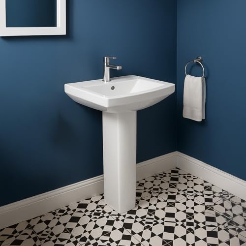 Go Bathrooms Modern Square Pedestal Basin with Single Tap Hole 560mm Contemporary White Ceramic Sink for Bathroom or Cloakroom Durable Easy-Clean Design White Ceramic | Tabor