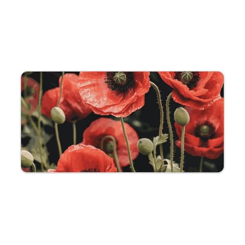 Red Poppy Flowers Leaves Desk Mat Non-Slip Laptop Writing Pad Large Keyboard Mousepad with Rubber Base 23.6
