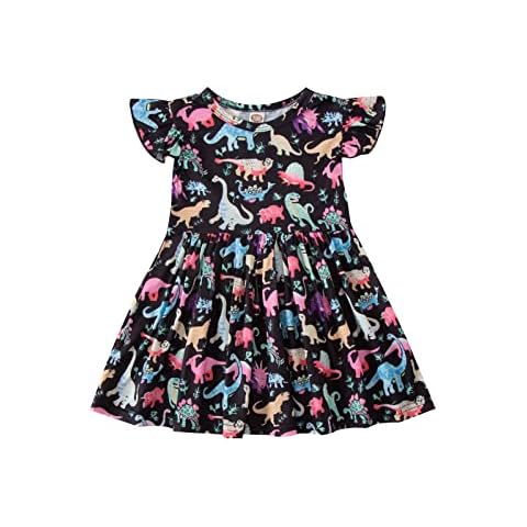 Jeinxcn Toddler Baby Girl Summer Dress Dinosaur Fly Sleeve Dress Outfit Clothes 5T Black Cover
