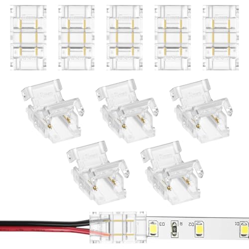 HOTUT Ledstrip Connector 2 pin 8mm, 10 Stuks Led Soldeervrije Stripconnector, LED-Strips Snelverbinders, Transparante Midden Connectoren, LED Stripe connector verlengstuk, voor 8mm COB RGB-strips