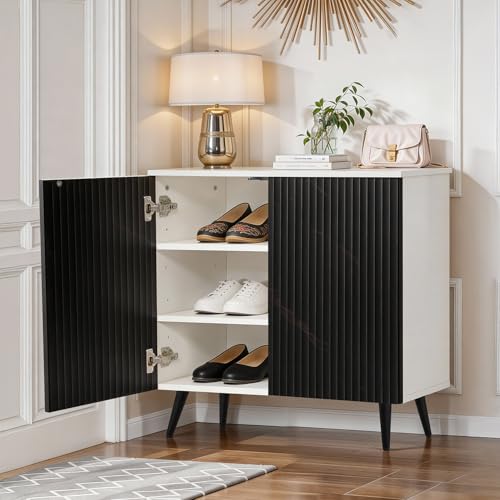 Image of ABOUT SPACE 3 Tier Shoe Rack with Door | Press Open 2 Door Engineered Wood Shoe Stand for Home | Smooth Non-Fluted-Effect Adjustable Shelf Raised Legs 9-12 Pair Shoes Storage Cabinet |White & Black