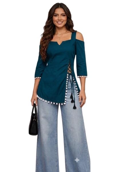 HITARTN Enterprise Social Media Viral Women's Rayon Cold Shoulder Side-Slit Kurti with Pom-Pom Lace and Adjustable Back Dori-picture-30