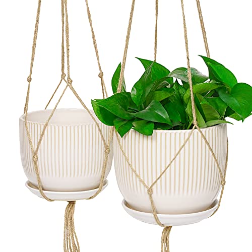 Fengson Ceramic Hanging Planters For Indoor Outdoor Plants,6.7+5.8 Inch Hanging Plant Pots With Saucers,Modern Plant Holder With Jute Rope For Succulents Cactus Herbs Plants, Home Decor Gift,Set Of 2 #TOP10