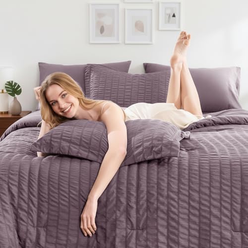 Image of HIMEET Full Size Comforter Sets - 7 Pieces Seersucker Bed in a Bag, Boho Bedding Sets for Bedroom Decor, All Season Home Essential Bed Set with Comforter, Sheets, Pillowcases & Shams, Dusty Purple
