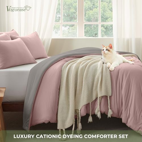 Image of Queen Comforter Set, Comforters Queen Size Luxury Ultra-Soft Jersey Knit Bedding Sets, Grey /Rose Lightweight Down Alternative Bed Comforte Queen for All Season, 3 Piece Bedding Setrey
