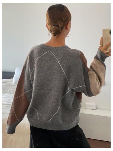 SOLY HUX Plaid Sweaters for Women V Neck Drop Shoulder Long Sleeve Color Block Pullover Sweater Tops2