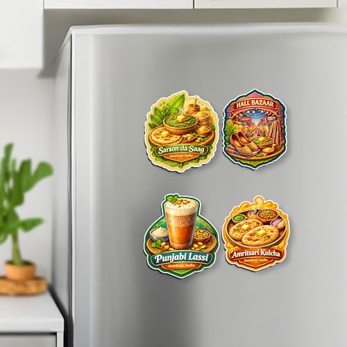 Image of Regalo Casila Amritsar India Tourism Souvenir Fridge Magnets Set of 4 Punjabi Food Sarson Da Saag Punjabi Lassi Amritsari Kulcha Hall Bazaar Refrigerator Magnets Decorative Travel Gift