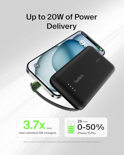 Image of Belkin Portable Charger Power Bank USB C, 10000 mAh w /Integrated Cable, 20W Fast Charge USB-C Power Delivery, iPhone Charger, Apple iPhone 17, Air, Pro, Pro Max, iPad, Samsung Galaxy S26 - Black