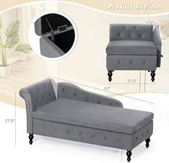 Upholstered Chaise Lounge with Left Armrest & Lumbar Pillow,Button Tufted Lounge Sofa with Storage,Lounge Chair Indoor,Modern Velvet Lounge Chair for Bedroom, Living Room and Office,Grey