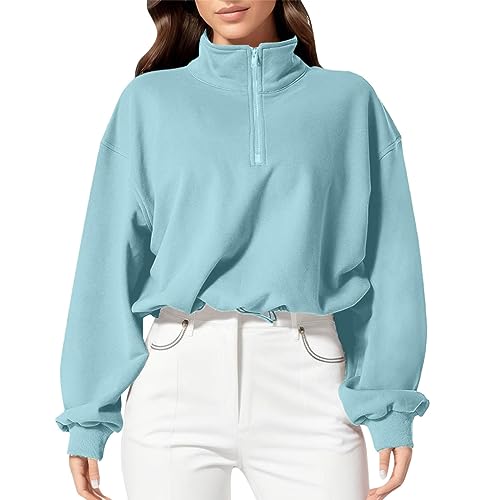 Generisch Sudadera con media cremallera para mujer, con capucha, cuello alto, manga larga, ropa deportiva (azul, XXL)