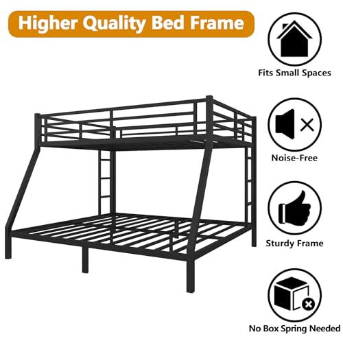 Thctvous Queen Over King Bunk Bed,Heavy-Duty Metal Bunk Bed Frame for Adults Teen Kids,2 Side Ladder,Guardrail,Space-Saving,Noise Reduced,No Box Spring Needed,Black (Queen Over King)