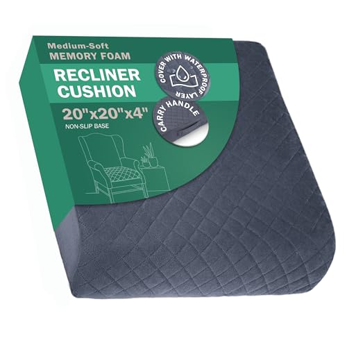 COMFORTANZA Medium-Soft 20x20x4 Memory Foam Recliner Chair Seat Cushion for Long Sitting - Armchair Pad with Washable Velvety Cover with Waterproof Layer & Non-Slip Base for Seniors & Elderly - Gray
