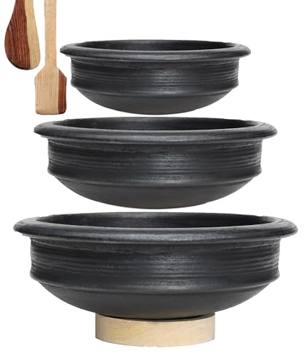 Craftsman India Online Craftsman Deep Burned Clay Pot/Earthen/Mud/Mitti Handi for Cooking and serving Combo 1, 2 & 3 Liter, Uncoated, Black
