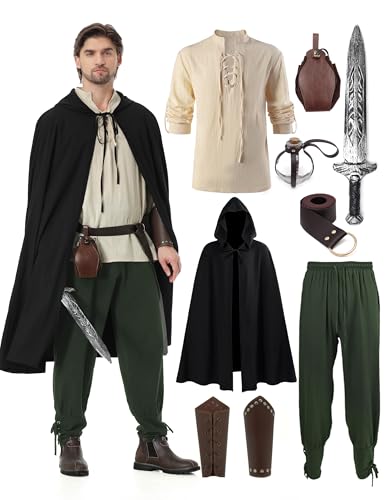 aicoaub 9Pcs Mens Renaissance Viking Costumes Set for Men Medieval Pirate Toys Elf Hunter Ren Faire Dress up Full Outfit