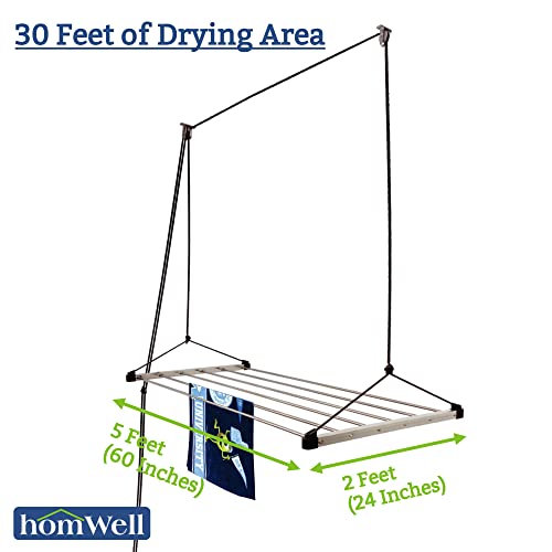Image of homWell Heavy Duty Stainless Steel 6 Pipe X 5 Feet (Blue) Economy Model with UV Protected Nylon Rope Ceiling Cloth Dryer /Cloth Hanger /Cloth Drying Stand for Balcony /Clothes Stand for Drying