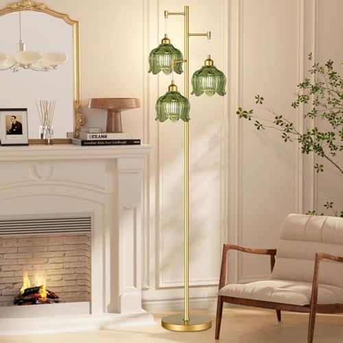 Image of ILLMTW Glass Floor Lamp for Living Room,Bedroom,Gold Mid Century Modern Standing Lamp Brass Tree 3 Light Tall Floor Lamps Vintage Retro Floor Lights Green Flower Lamp Shade Farmhouse Boho Bohemian