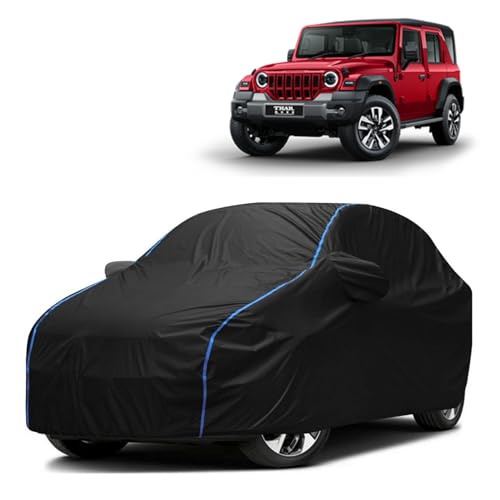 Image of Kerwa Car Body Cover Waterproof Compatible with Mahindra Thar Roxx | Scratch Proof, Anti-Dust, UV Protection | Windproof Buckle Strap | Fitted Bottom Elastic | Side Mirror Pockets-Black