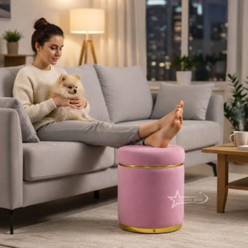 Image of Ottoman Stool for the Living Room Ottoman Pouffes for Sitting, Puffy Stool for Living Room Dressing Table Stool Pink