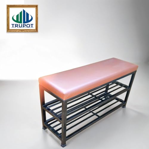 Image of Metal Shoe Rack Bench for Entryway | 2-Tier Shoe Organizer with Comfortable Cushion | Multipurpose Hallway Storage Furniture (Black, Heavy Duty Steel)
