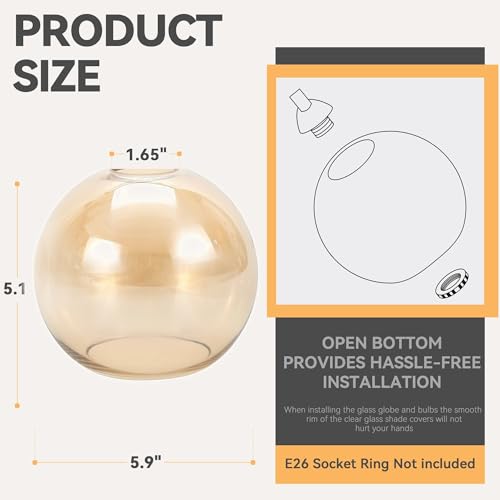 Image of 3 Pack Amber Glass Shade Replacements, Globe Glass Lamp Shade Covers for Light Fixtures, 1.65 In Fitter 5.1 In Height 5.9 In Diameter Globes Lampshades for Wall Sconces Chandelier Pendant Lights
