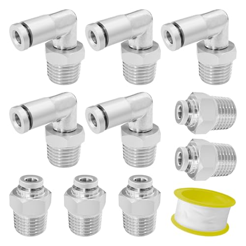 10 Pcs Push to Connect Fittings 1/4 Inch Tube OD x 1/4 Inch NPT Thread Male Straight Pipe and Elbow Combination Quick Connect Fittings for Air line