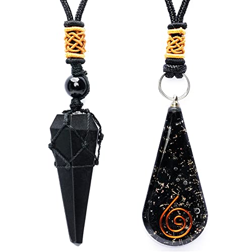 KARMAPLEDGE Handcrafted Crystal Pendant & Necklace; Spiritual Healing Crystal Necklace Pendant; Crystal Jewellery Protection Necklace (Black Obsidian Pendulum & Black Tourmaline Orgone )