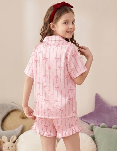 Image of Arshiner Girls Pajamas Silk Satin Pajama Set Button Pjs Ruffle Sleepwear | 2 Piece Nightwear, Silky Soft Lounge for Little & Big Kids, Ideal for Sleeping and Sleepover Party