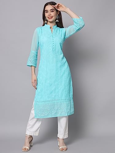 Image of Ekasya Women's Georgette Embroidered Work Kurta with Notch Neck 3 /4 Sleeves Straight Cut Calf Length | E1547