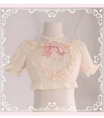 Image of Sweet Lolita Puff Short Sleeve Blouse Teen Girls Japanese Gothic Ruffle Halter Neck Soft Crop Top with Bow
