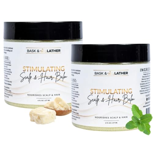 Bask & Lather Stimulating Scalp and Hair Balm Peppermint & Rosemary Hair Growth Balm with Shea Butter Mango Butter & Jojoba Oil Moisturizing Scalp Treatment for Dry Itchy Scalp 6 oz 2 Pack
