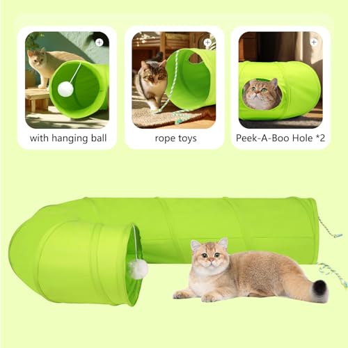 Image of Cat Tunnel, 2-Way Collapsible Cat Tube with Interactive Peek-A-Boo Hole, Toy Ball, and Rope - Ideal for Indoor Cats, Kittens, and Rabbits (Green)