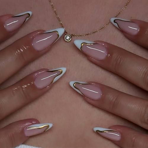 Image of NBNTGH White French Tip Press on Nails Gold Line Fake Nails Medium Almond False Nail with Design Nude Glue on Nails Artificial Acrylic Full Cover Glossy Stick on Nail for Women Manicure 24Pcs