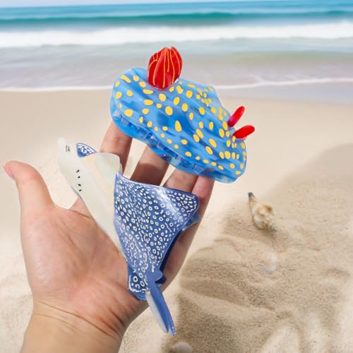 Ocean-Themed Hair Claw Clip – Blue & Red Sea Slug Design, 3.54 Inch, Shark Teeth Grip, Glossy Gold Accents – Durable Spring Clip Gift for Women & Girls