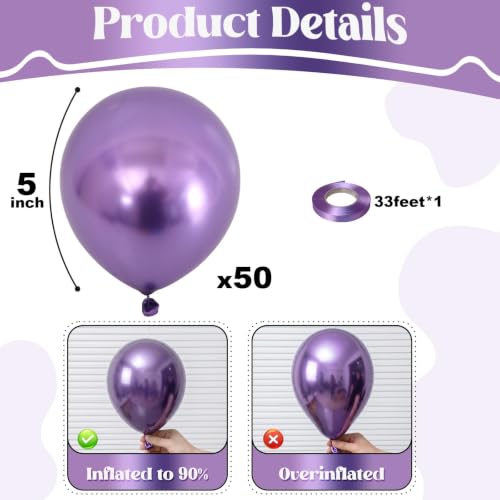 Image of Togvu Metallic Purple Balloons, 50Pack 5 Inch Small Mini Chrome Purple Latex Party Balloons for Birthday Wedding Bridal Baby Shower Bachelorette Decorations Supplies