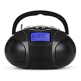 August SE20 - Mini Bluetooth MP3 Stereo - Portable Radio with Powerful Bluetooth Speakers - FM Alarm Clock Radio with SD Card Reader, USB and AUX in - Black