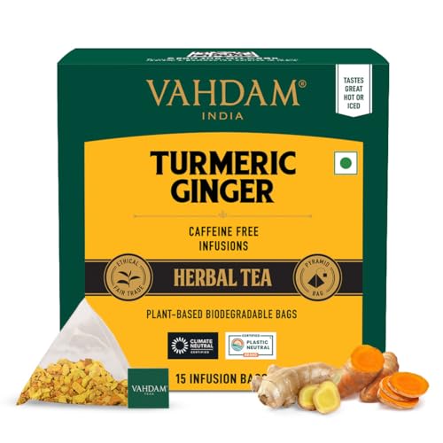VAHDAM, Turmeric Ginger Herbal Tea Bags (15 Pyramid Tea Bags) Caffeine Free, Non GMO, Gluten Free | 100% Pure Herbal Blend - Savory &amp; Spicy | Individually Wrapped Pyramid Tea Bags | Direct from Source