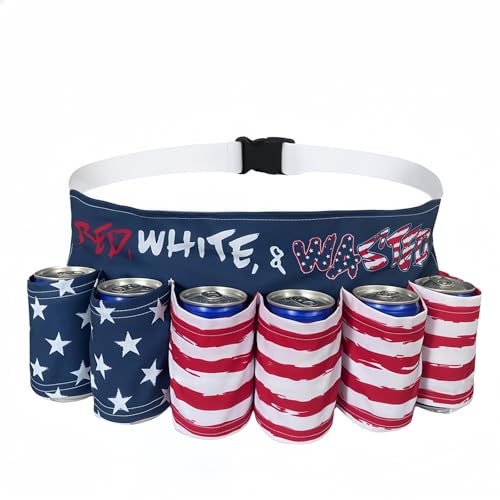 American Patriotic Beer Belt Novelty USA Beer Holder for Men 6 Pack Can Holder Drink Belt Adjustable Beer Fanny Pack Fit Picnic Party Camping BBQ Tailgating Festival Holiday Game Night