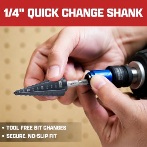Image of NEIKO 10613B Step Drill Bit, 10 Steps 1 /4 inch to 1-3 /8 inch Straight M35 Cobalt, AlTiSiN Coated, 1 /4 inch Quick Change Step Bits for Steel, Metal, Wood, Plastic, Unibit Cone Drill Bits, Two Flute