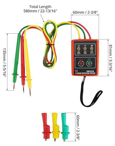 QWORK® Phasenprüfer, Drehfeldmessgerät für 3 Phasen, 60V～600V AC, 20-400 Hz, mit Summertester und Krokodilklemmen