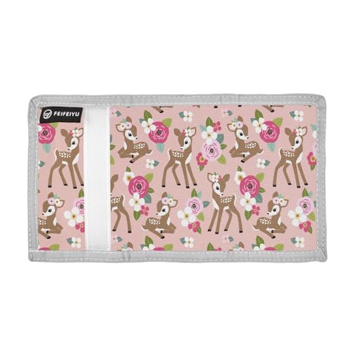 Floral Cute Fawn Kids Wallet for Boys Girls, Teen Canvas Trifold Purse with Zipper Coin Pocket2