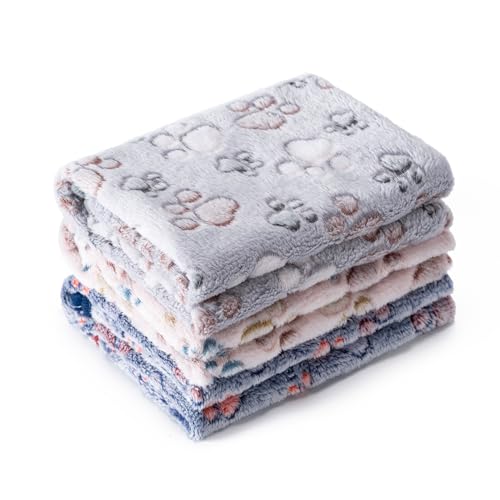 1 Pack 3 Blankets Super Soft Fluffy Premium Fleece Pet Blanket Flannel Paw Printed Throw for Dog Puppy Cat (Medium 30x20'', Beige, Grey, Navy)