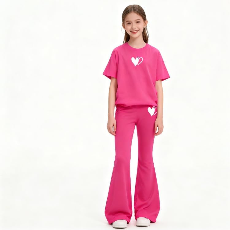 Tween Girls 2PCS Outfit Set 8-13Y Crop Top & Flare Pants with Bowknot and Heart Print Casual Girl Clothes - Image 3