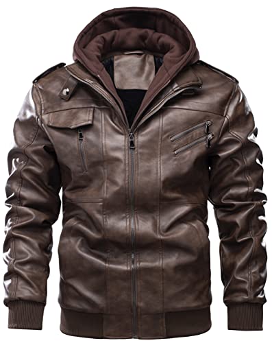 LOUECHY Men's Faux Leather Jacket Stand Collar Zip-Up Motorcycle Jacket with Removable Hood