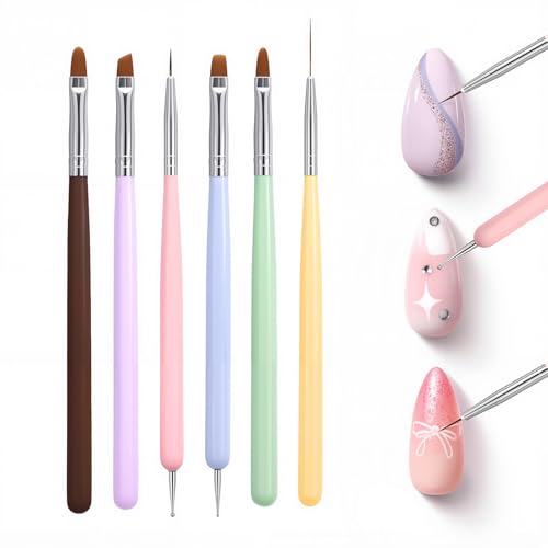 VINCAOR Nail Art Brushes Set, 6PCS Mixed Brush Set, Synthetic Head, Wood Metal Handle, Straight Cut Flat, Nail Brushes for Salon at Home DIY