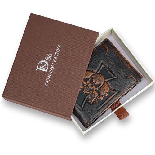 Image of DK86 Mens Skull Slim Wallet with Money Clip Minimalist Bifold Front Pocket wallet for Men RFID Blocking Full Grain Leather with Hand Burnished