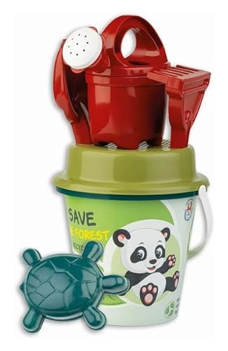 Seau de Plage 17 cm Decor Panda et Singe + 5 Accessoires - Jouet eco, Plastique Recycle - Jeux de Sable Bebe, Enfant Cover
