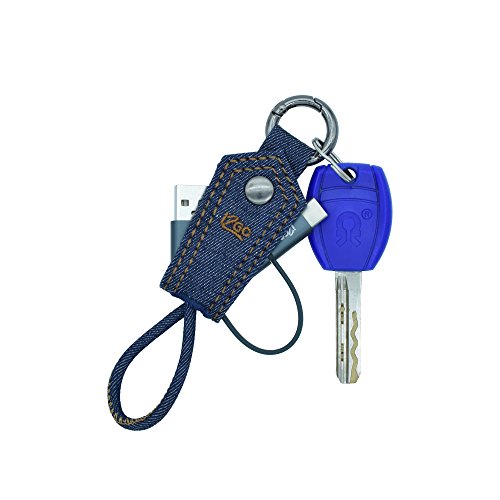 Chaveiro Cabo Micro USB e USB-C 2 em 1, i2GO, Revestimento Jeans, Azul
